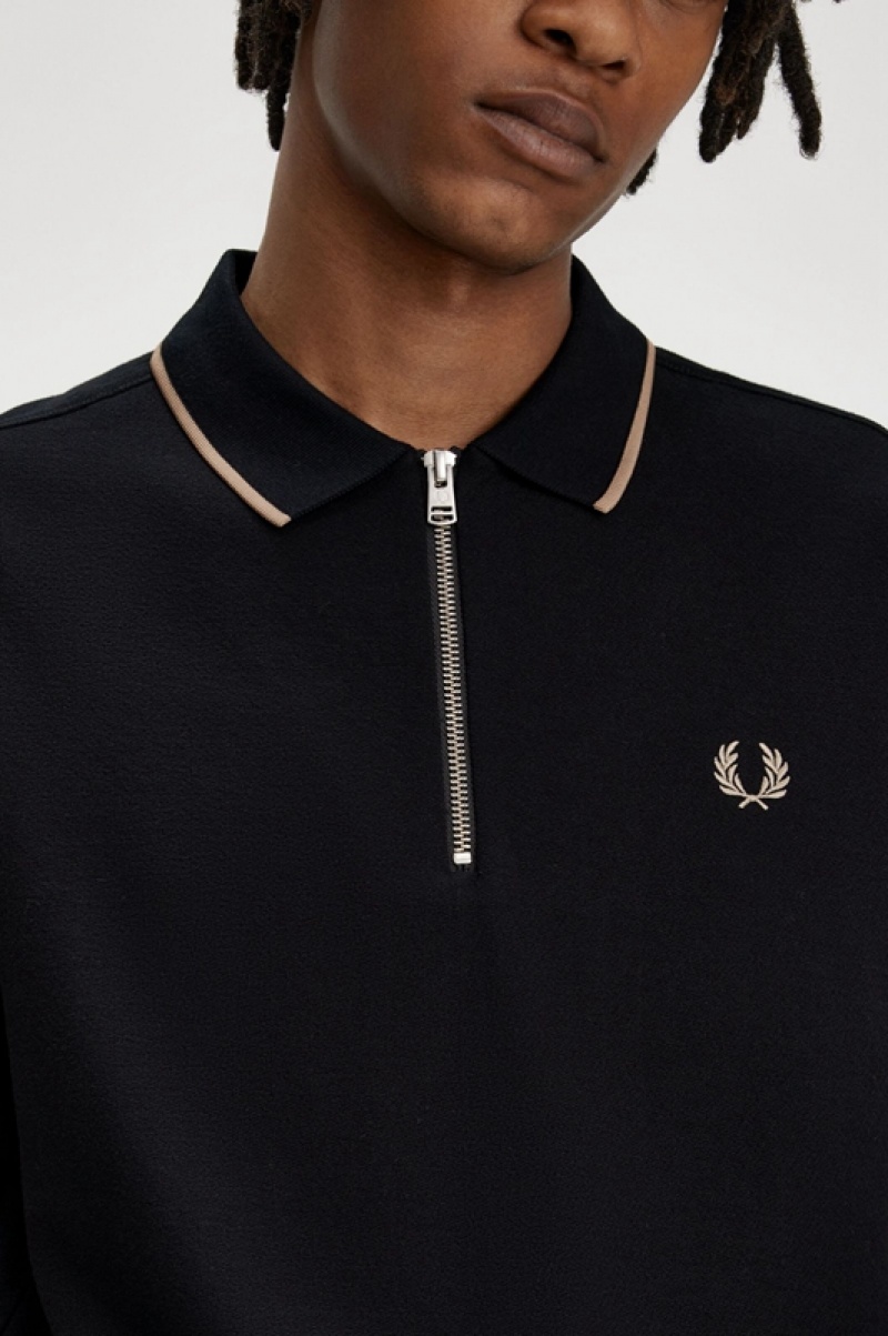 Fred Perry Crepe Piqué Zip Neck Men's Polo Shirts Black | ZMH-139864