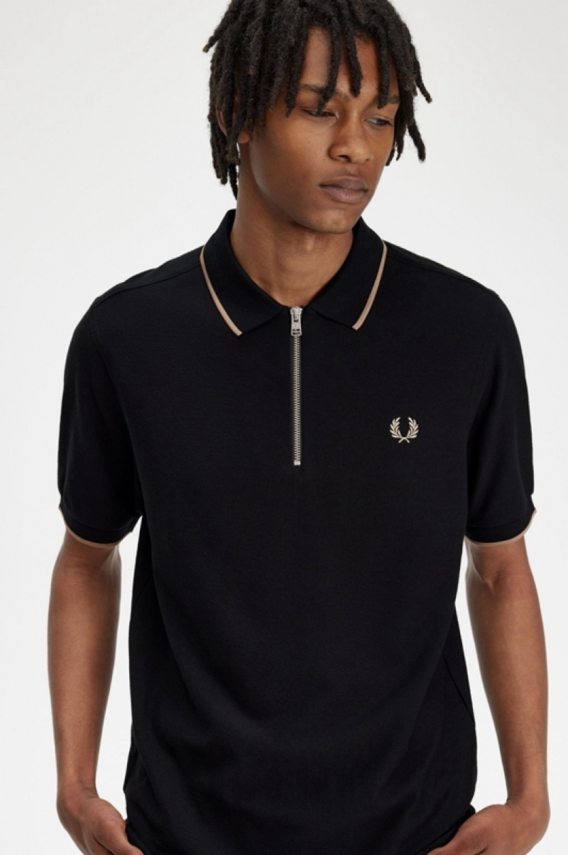 Fred Perry Crepe Piqué Zip Neck Men's Polo Shirts Black | ZMH-139864