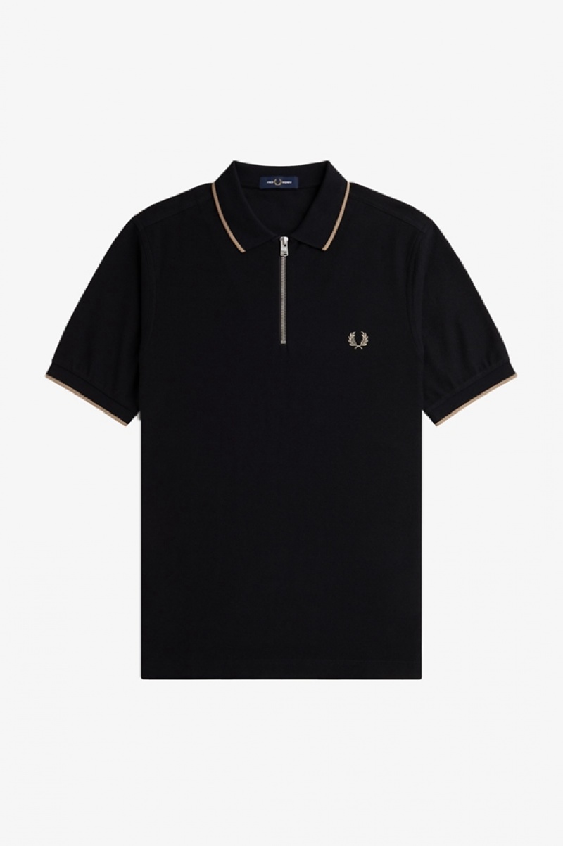 Fred Perry Crepe Piqué Zip Neck Men's Polo Shirts Black | ZMH-139864