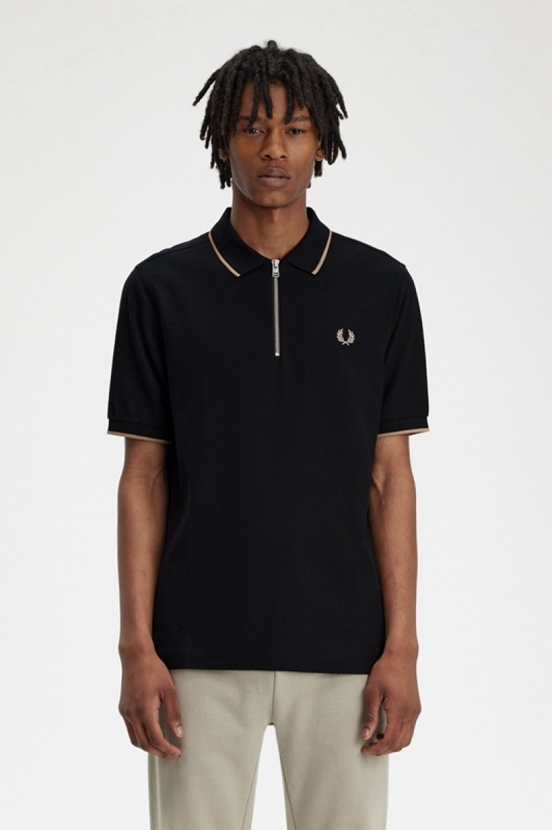 Fred Perry Crepe Piqué Zip Neck Men\'s Polo Shirts Black | ZMH-139864