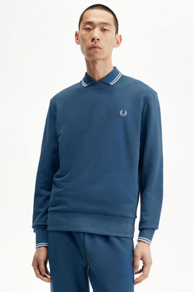 Fred Perry Crew Neck Men's Sweatshirts Blue | QDB-506319