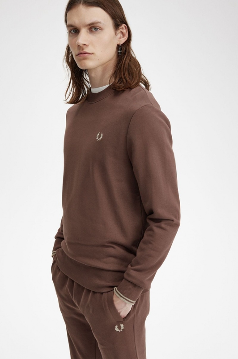 Fred Perry Crew Neck Men's Sweatshirts Chocolate | YRI-983245