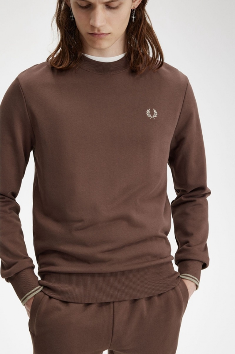 Fred Perry Crew Neck Men's Sweatshirts Chocolate | YRI-983245