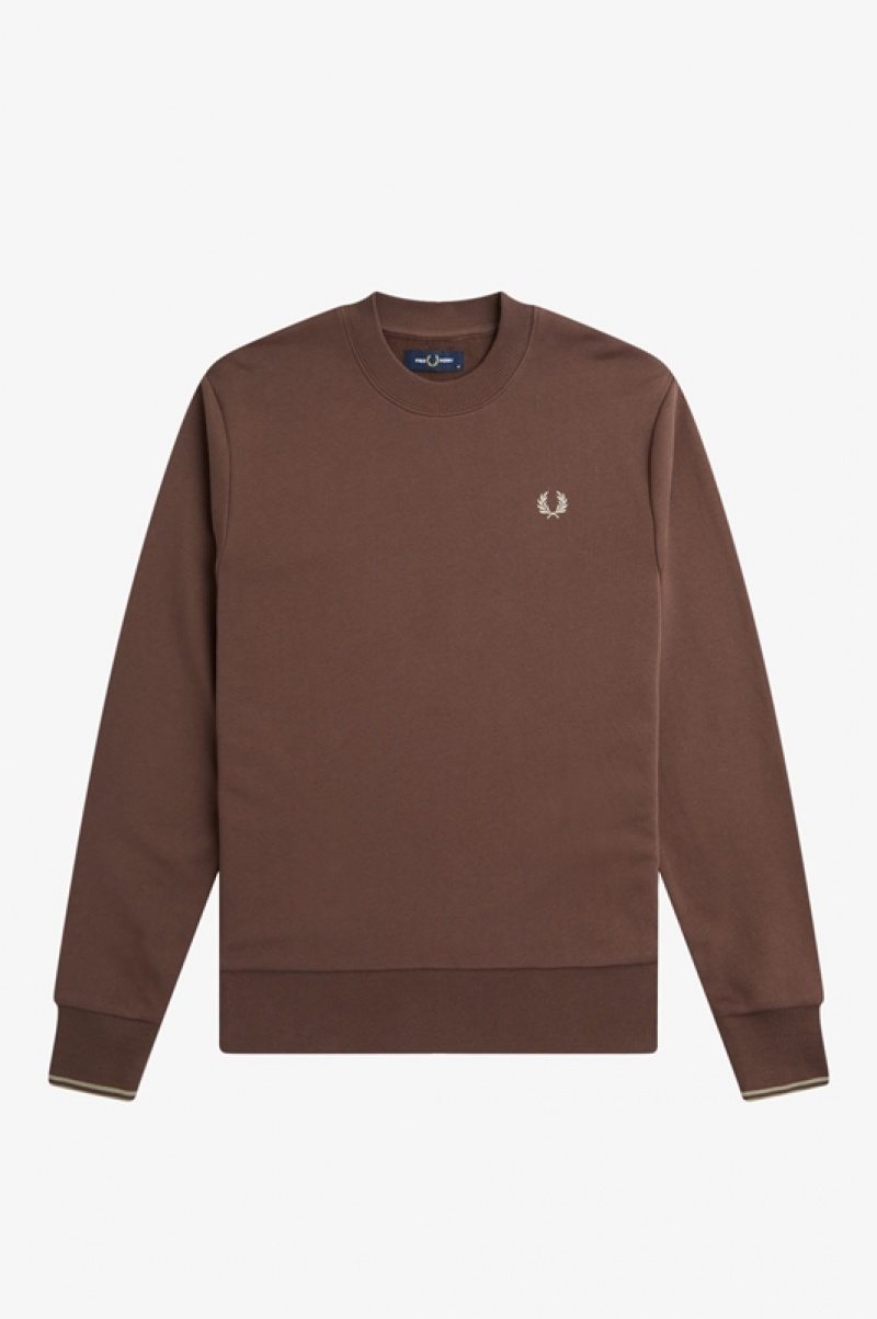 Fred Perry Crew Neck Men's Sweatshirts Chocolate | YRI-983245