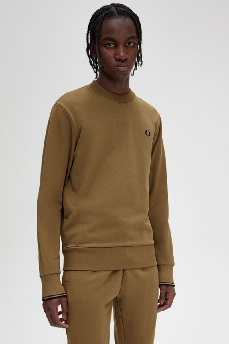 Fred Perry Crew Neck Men's Sweatshirts Dark Yellow | WZJ-504261