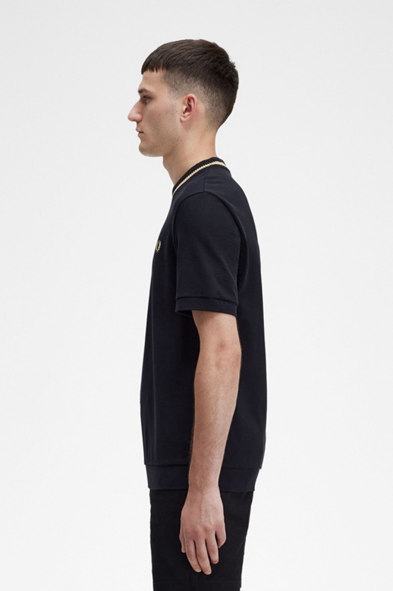 Fred Perry Crew Neck Piqué Men's T Shirts Black | ZKL-476238