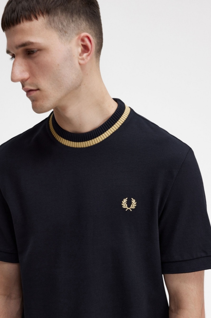 Fred Perry Crew Neck Piqué Men's T Shirts Black | ZKL-476238