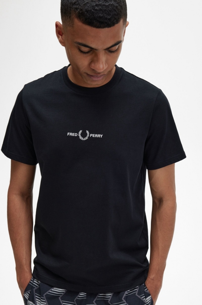 Fred Perry Embroidered Men's T Shirts Black | CTA-028647