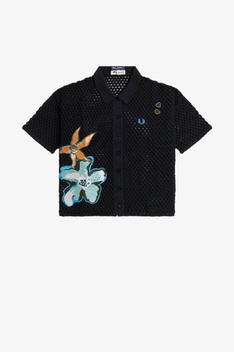 Fred Perry Embroidered Open-Knit Women's Shirts Black | WHJ-847392