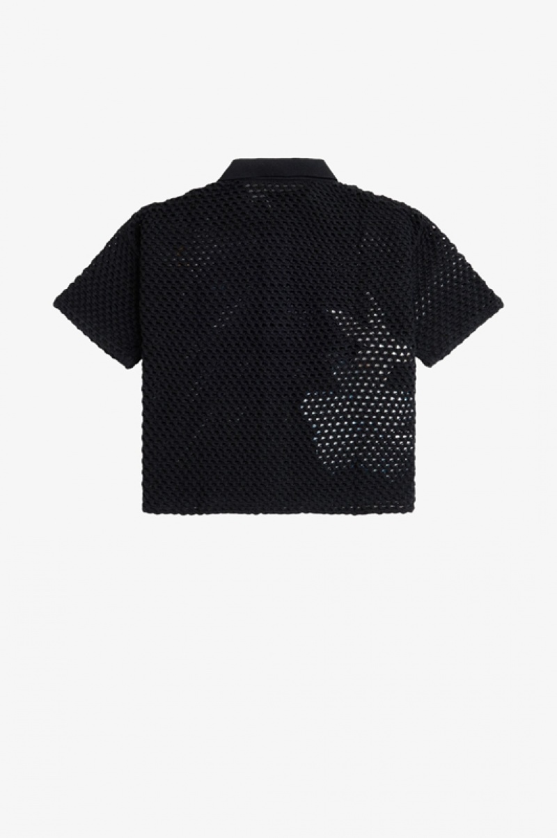 Fred Perry Embroidered Open-Knit Women's Shirts Black | WHJ-847392