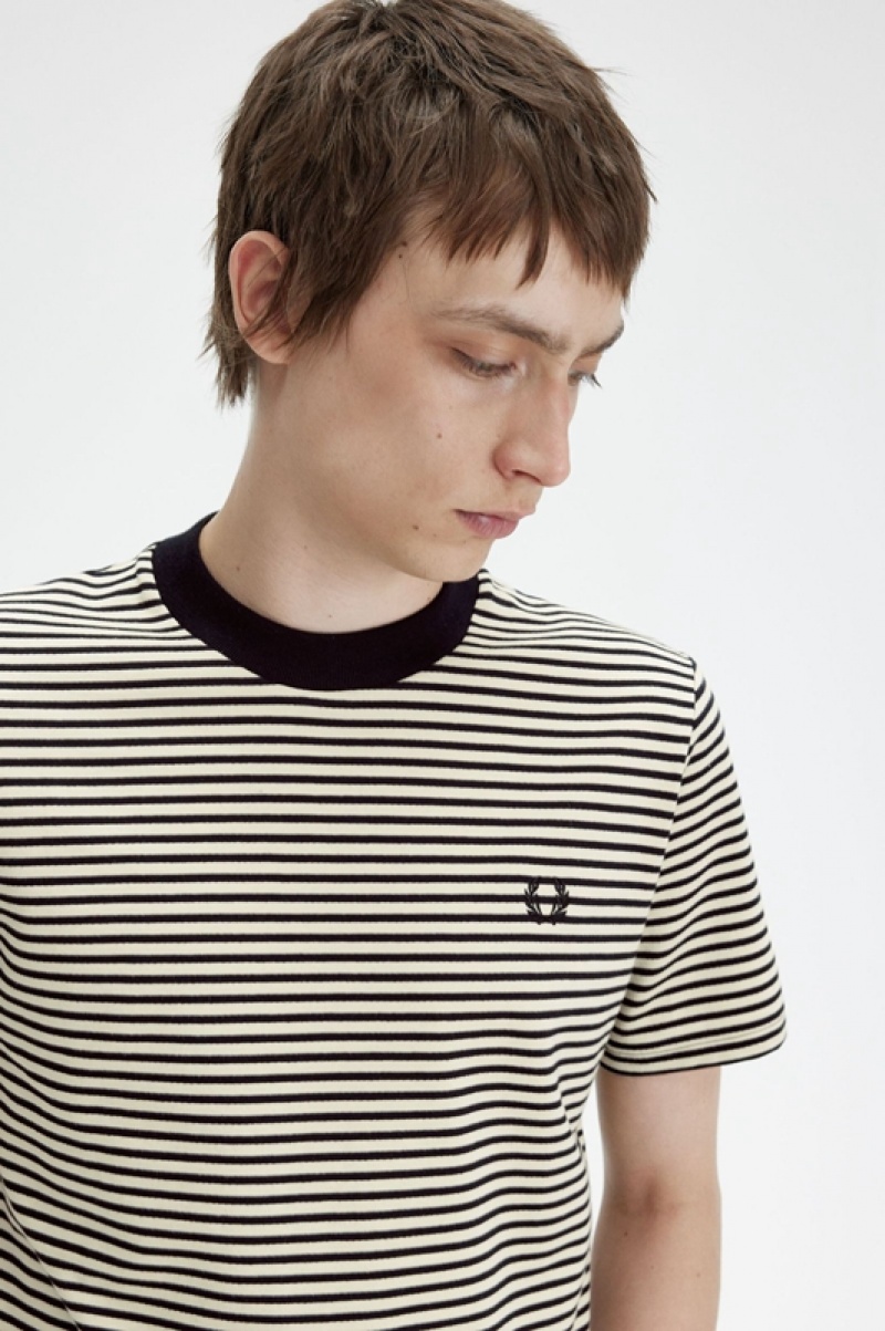 Fred Perry Fine Stripe Heavyweight Men's T Shirts Black | HTP-821730