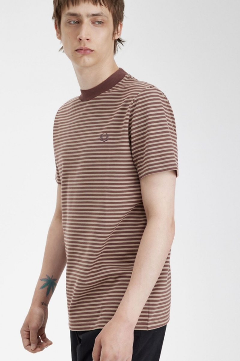 Fred Perry Fine Stripe Heavyweight Men's T Shirts Brown | ZUI-943560