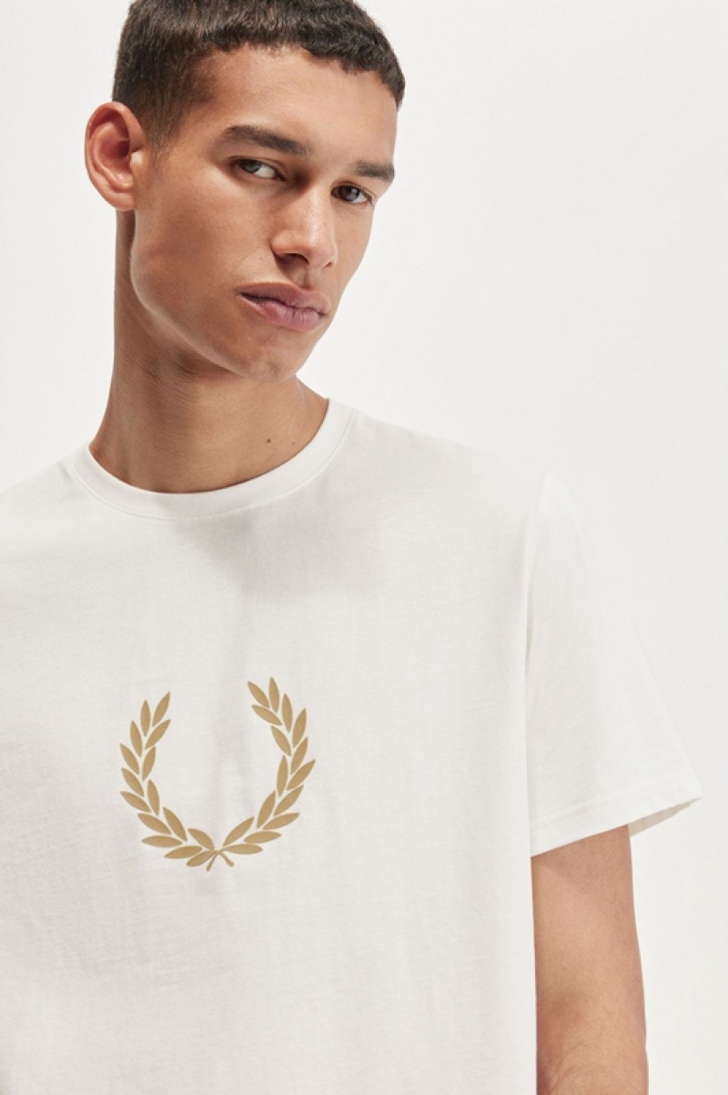 Fred Perry Flocked Laurel Wreath Men's T Shirts White | NJA-185039