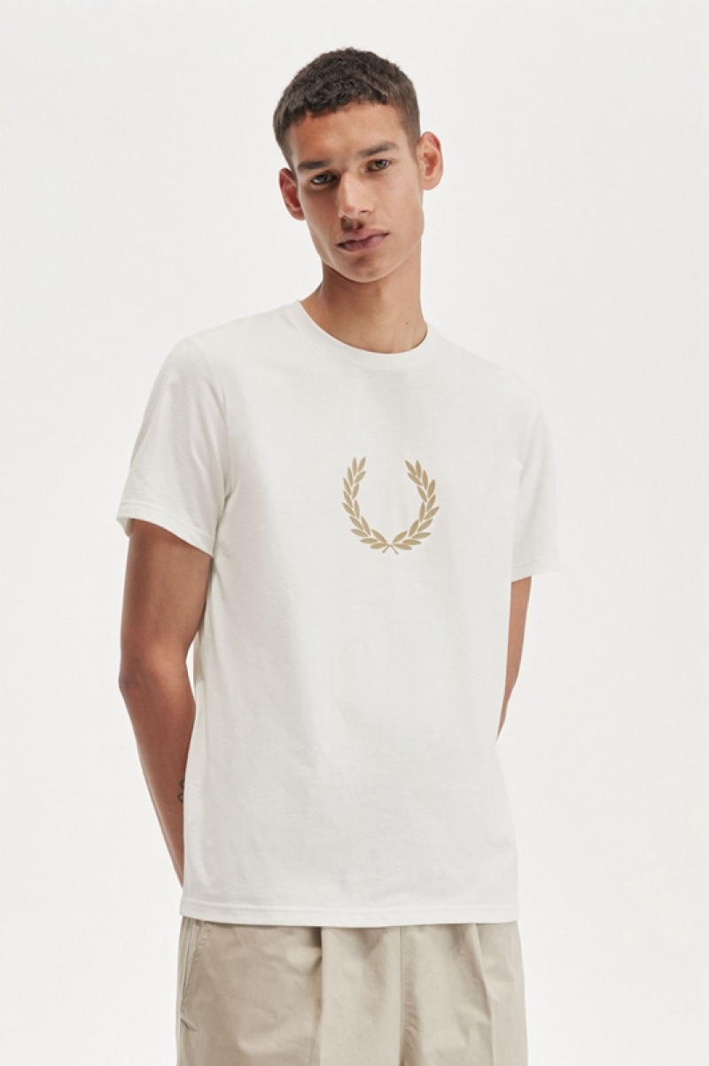 Fred Perry Flocked Laurel Wreath Men's T Shirts White | NJA-185039