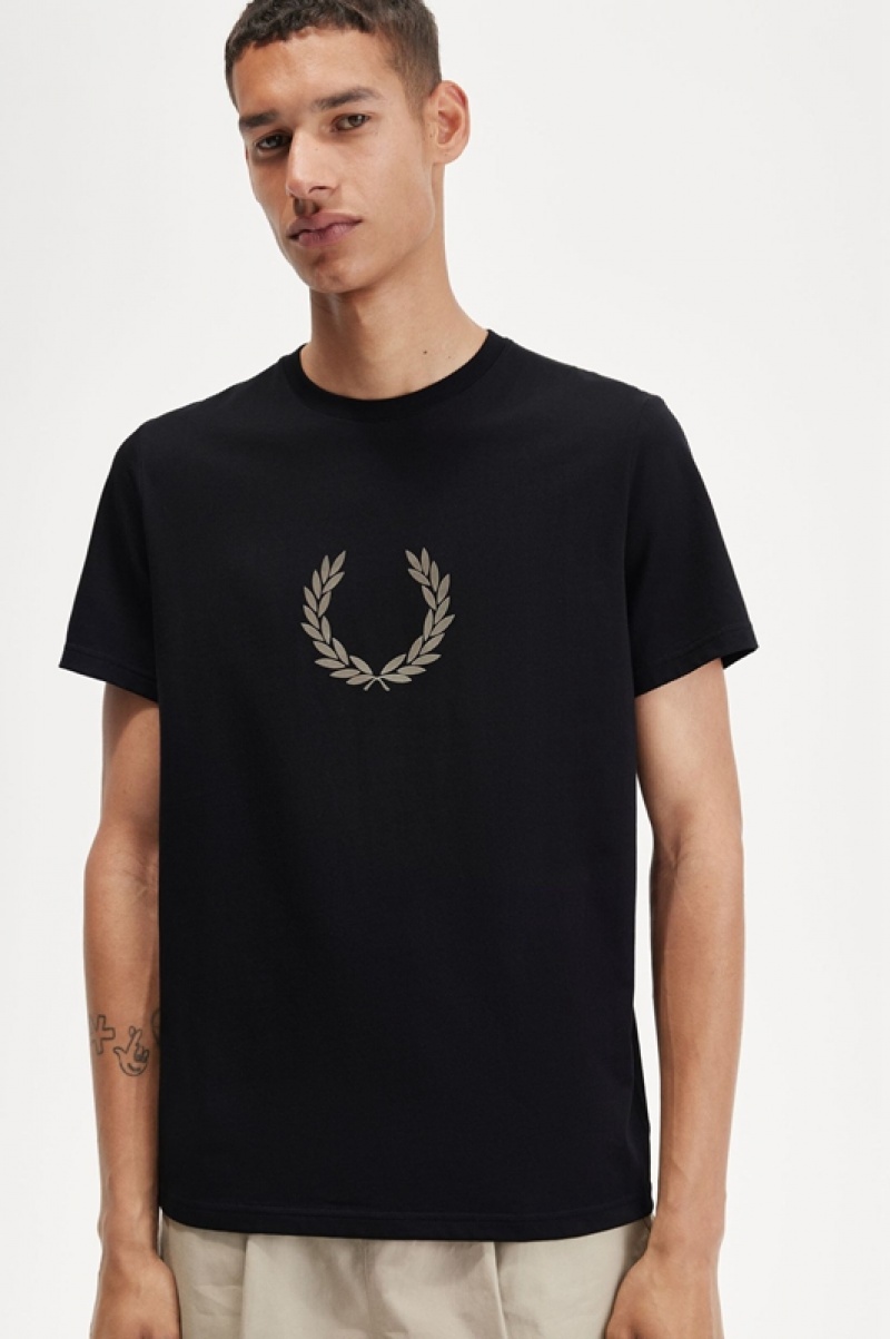 Fred Perry Flocked Laurel Wreath Men's T Shirts Black | ZGR-629137