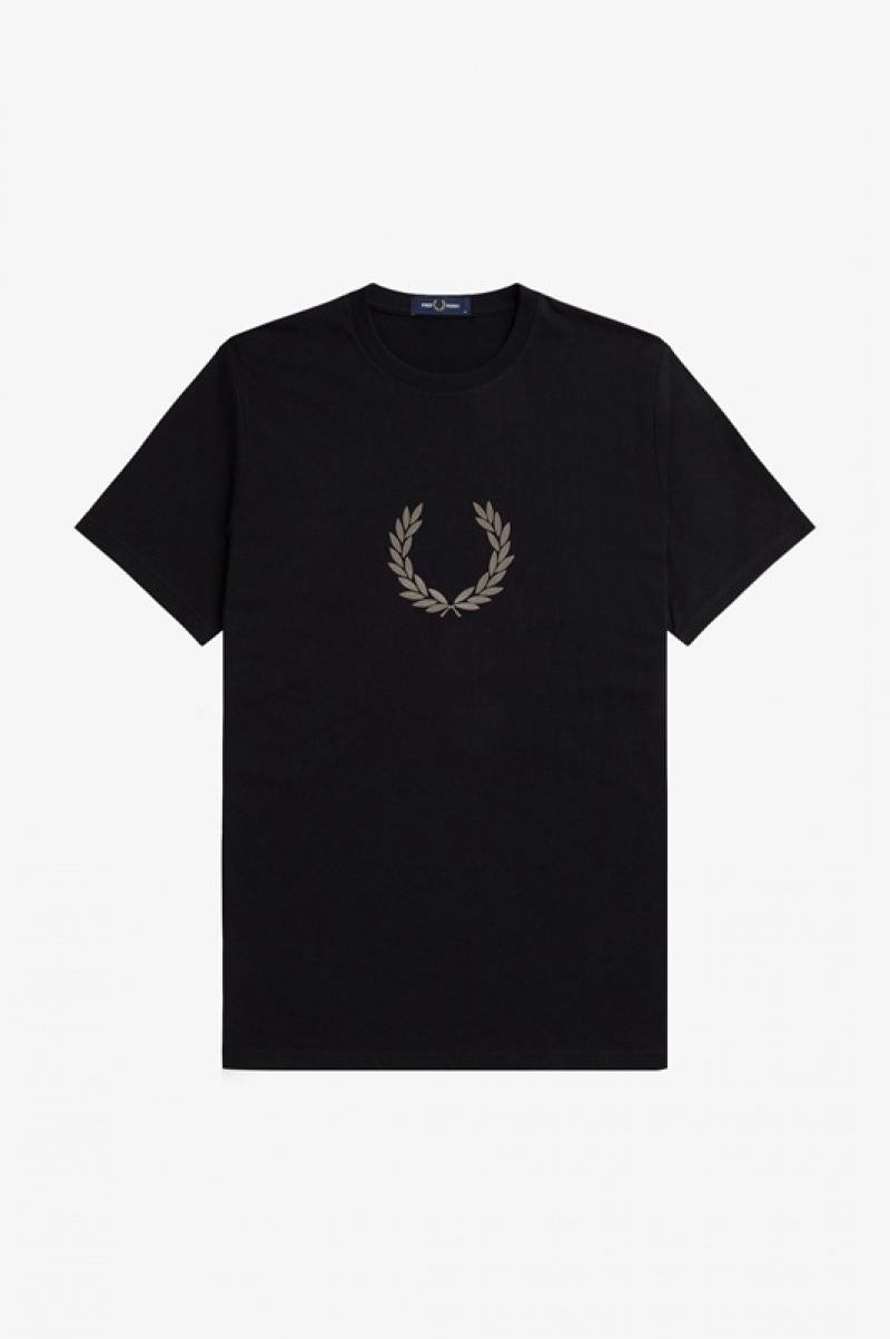 Fred Perry Flocked Laurel Wreath Men's T Shirts Black | ZGR-629137