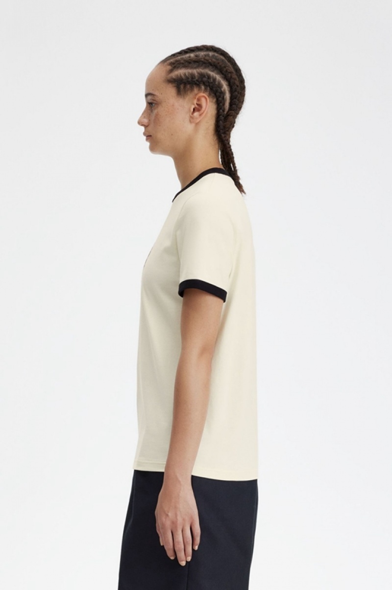 Fred Perry Flocked Laurel Wreath Women's T Shirts Cream | CGX-892046