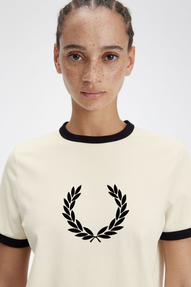 Fred Perry Flocked Laurel Wreath Women's T Shirts Cream | CGX-892046