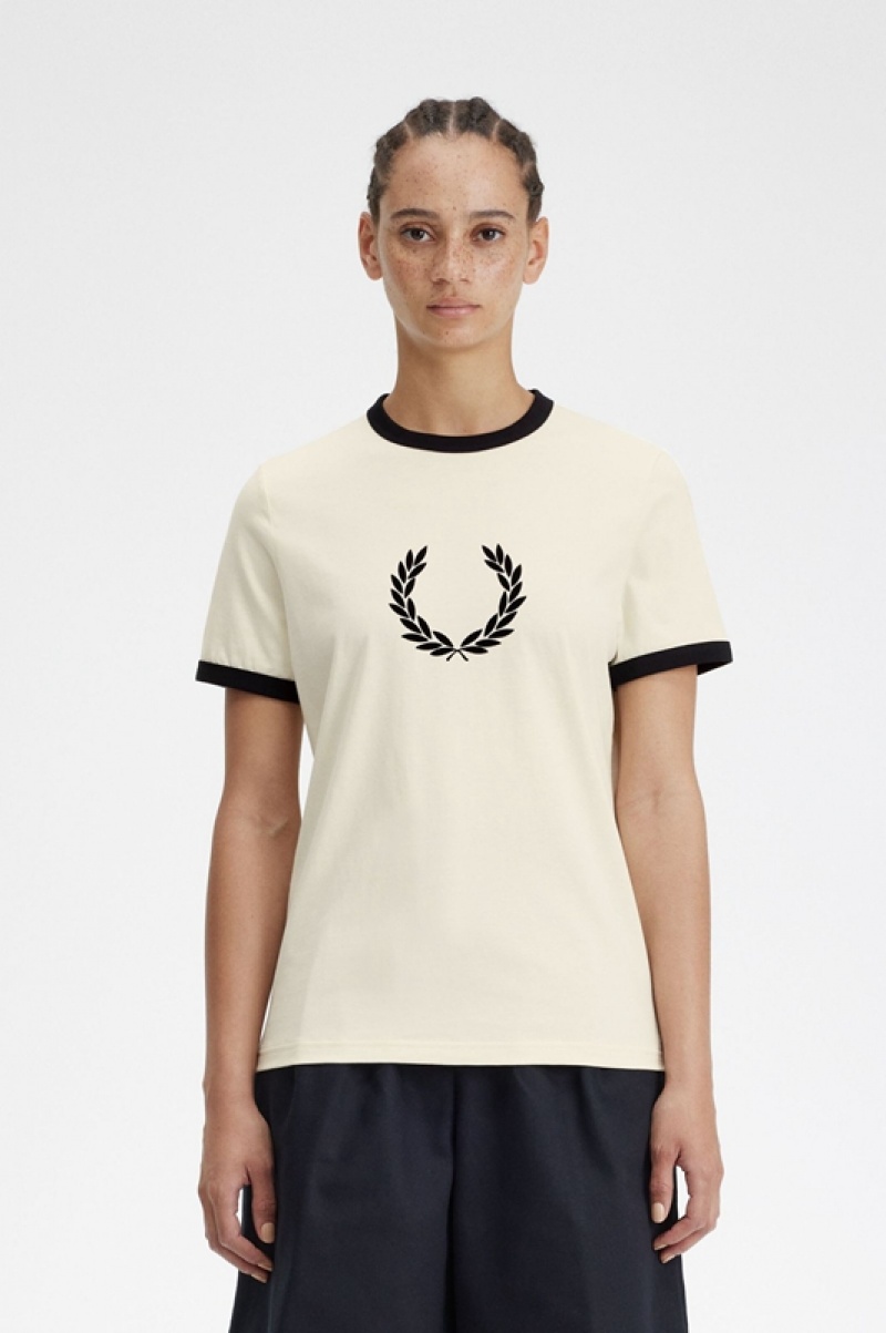 Fred Perry Flocked Laurel Wreath Women\'s T Shirts Cream | CGX-892046