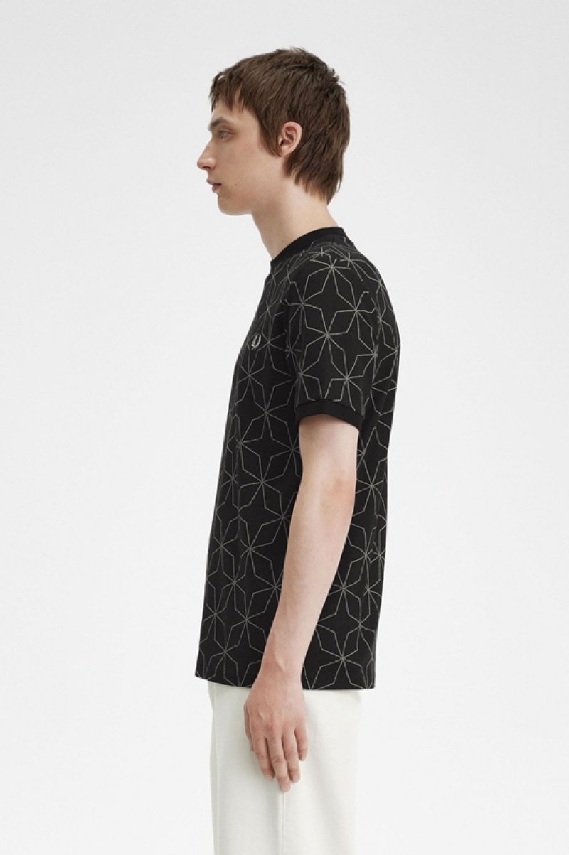 Fred Perry Geometric Men's T Shirts Black | JXA-237150