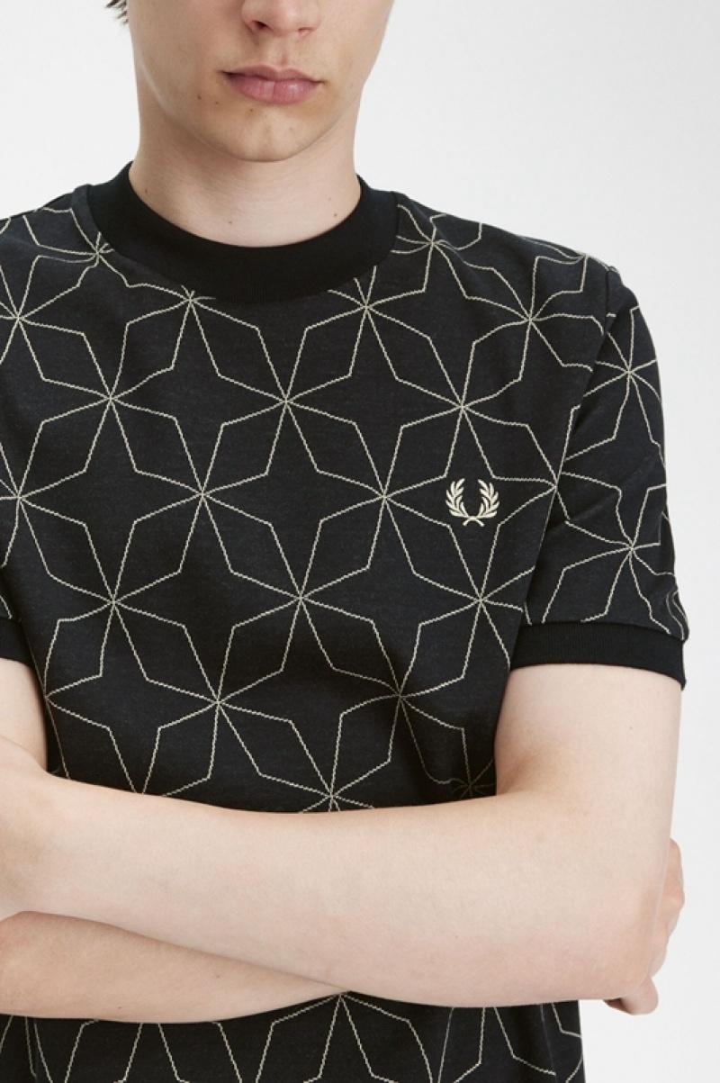 Fred Perry Geometric Men's T Shirts Black | JXA-237150