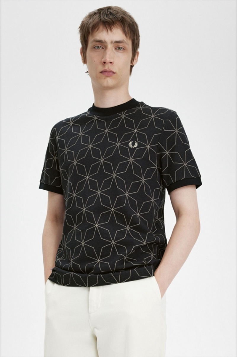 Fred Perry Geometric Men's T Shirts Black | JXA-237150