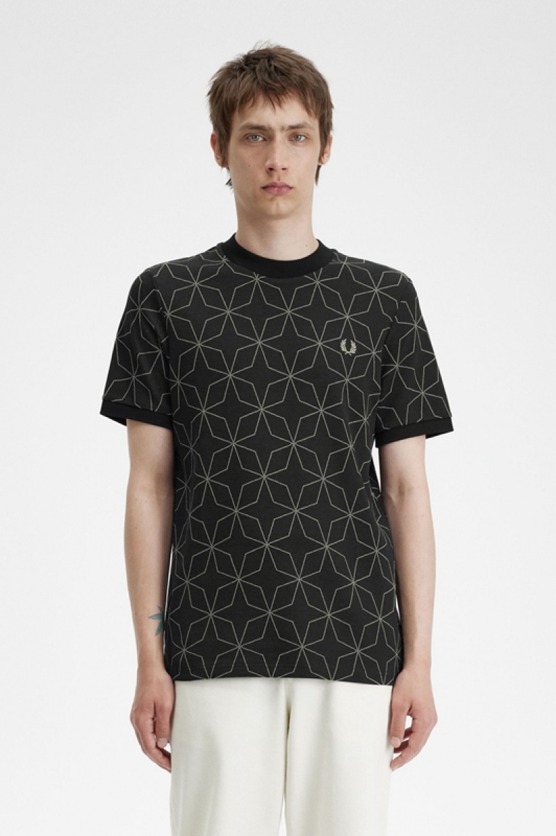 Fred Perry Geometric Men\'s T Shirts Black | JXA-237150