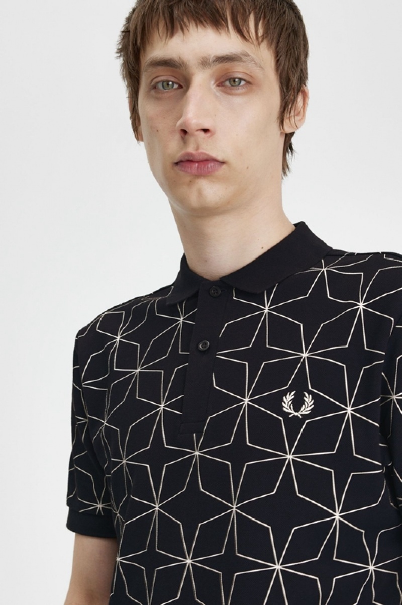 Fred Perry Geometric Polo Men's Polo Shirts Black | DCQ-406183