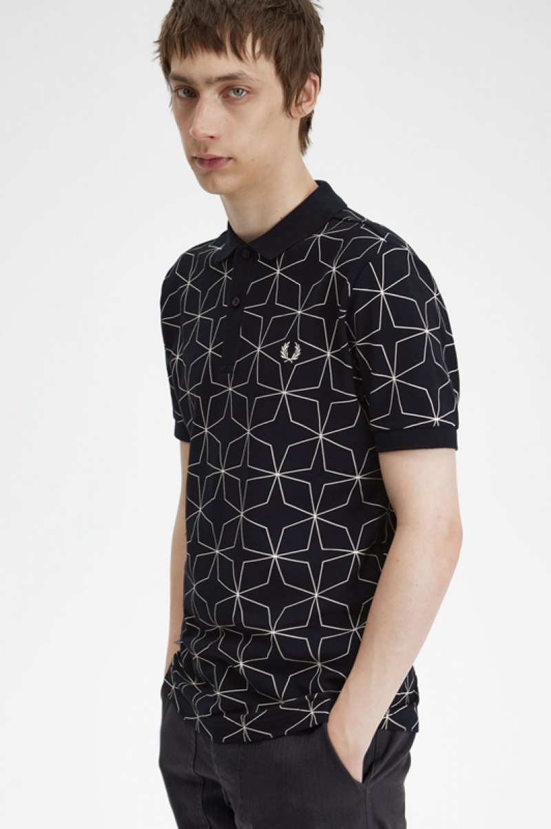 Fred Perry Geometric Polo Men's Polo Shirts Black | DCQ-406183