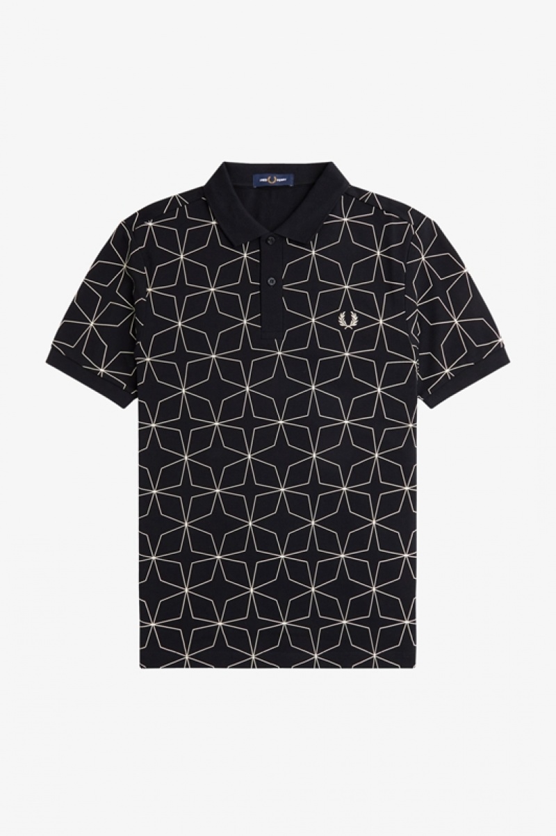 Fred Perry Geometric Polo Men's Polo Shirts Black | DCQ-406183