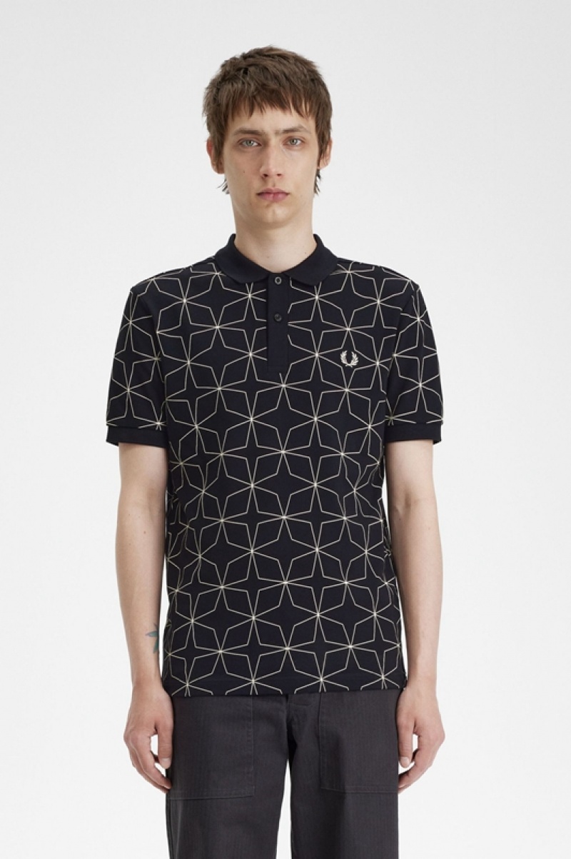 Fred Perry Geometric Polo Men\'s Polo Shirts Black | DCQ-406183