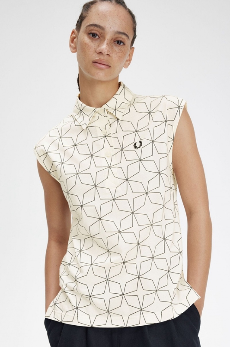 Fred Perry Geometric Print Jersey Women's Shirts White | DQB-548297