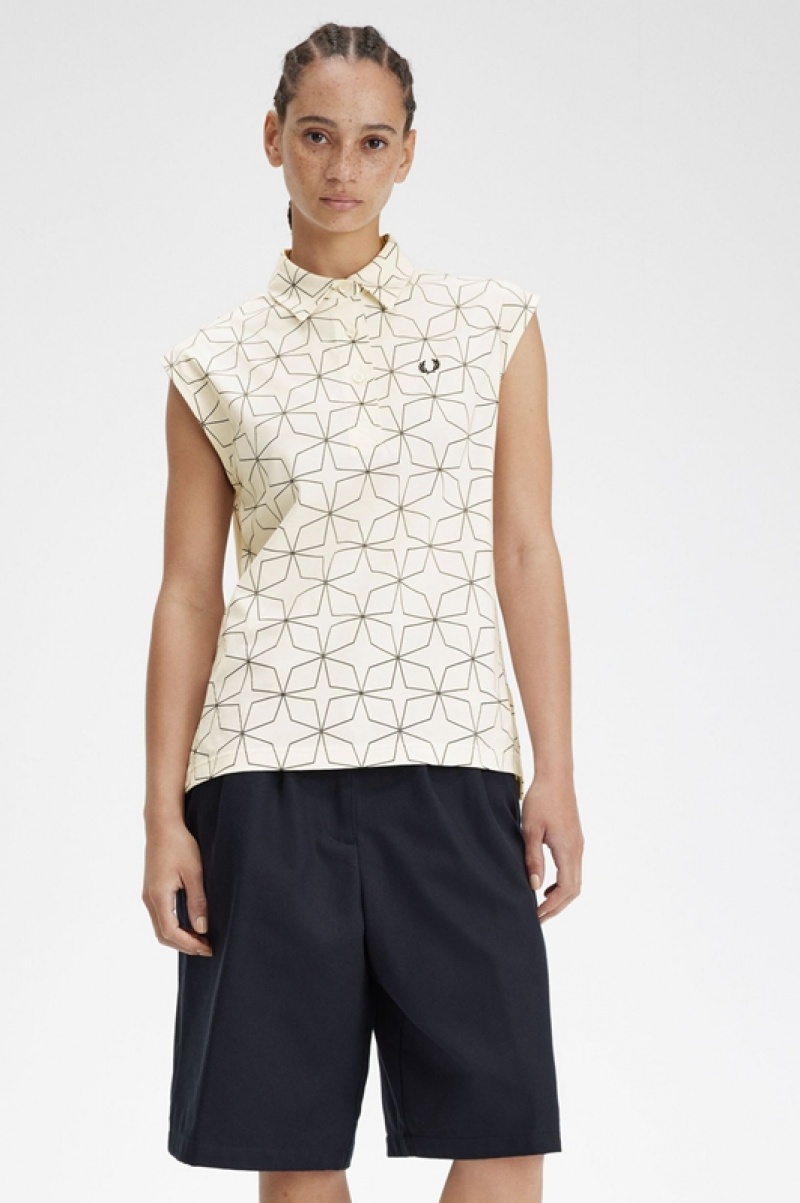 Fred Perry Geometric Print Jersey Women's Shirts White | DQB-548297