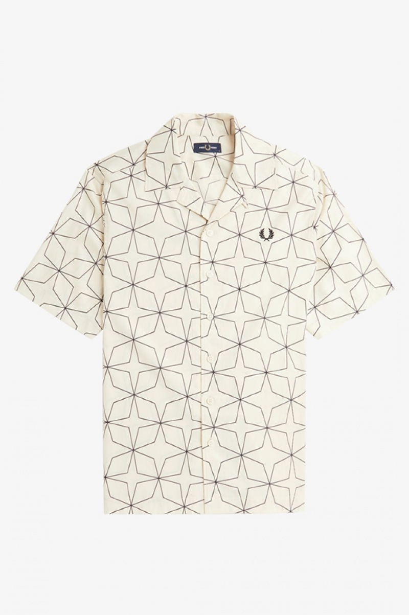 Fred Perry Geometric Print Revere Collar Men's Shirts White | SQE-308265