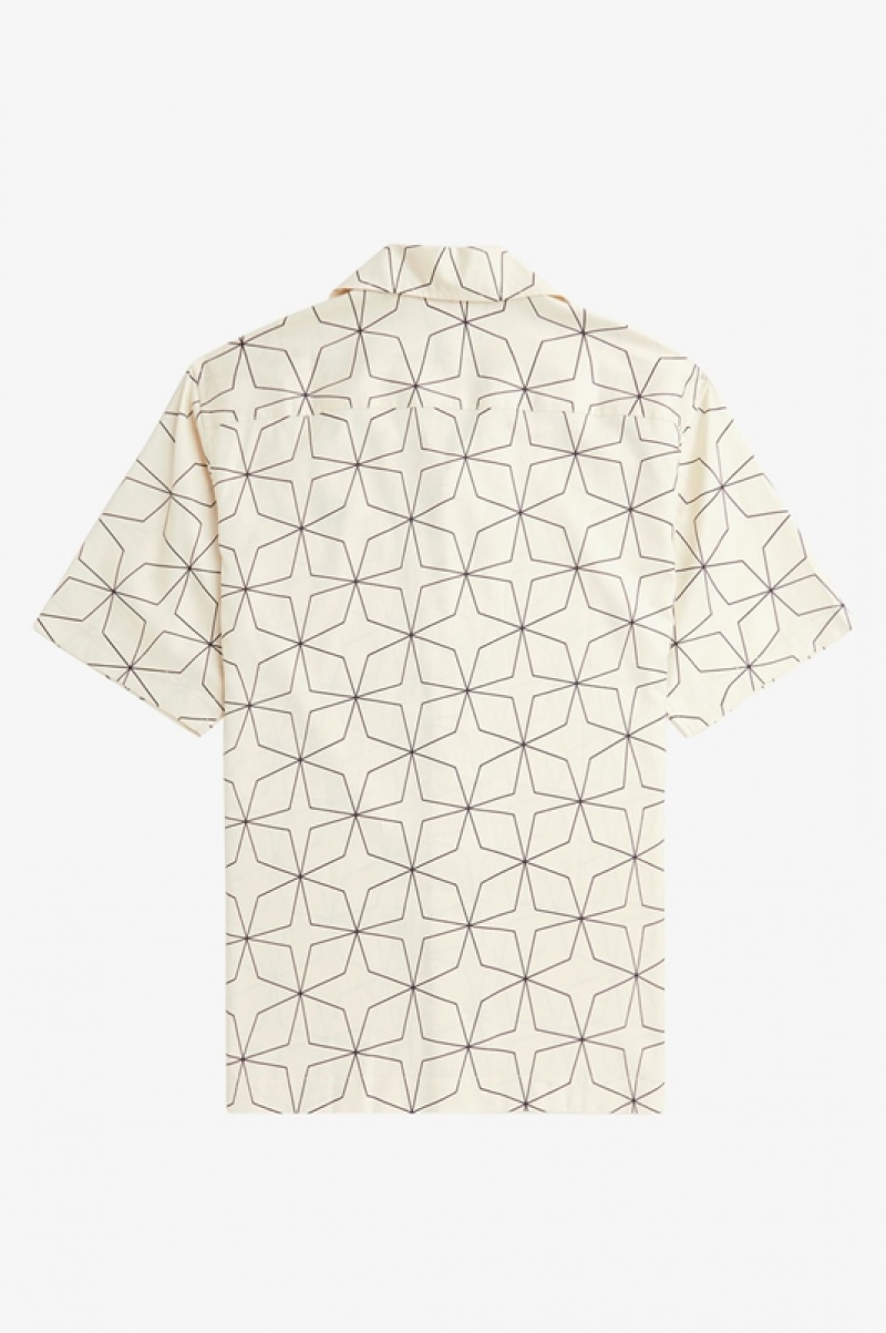 Fred Perry Geometric Print Revere Collar Men's Shirts White | SQE-308265