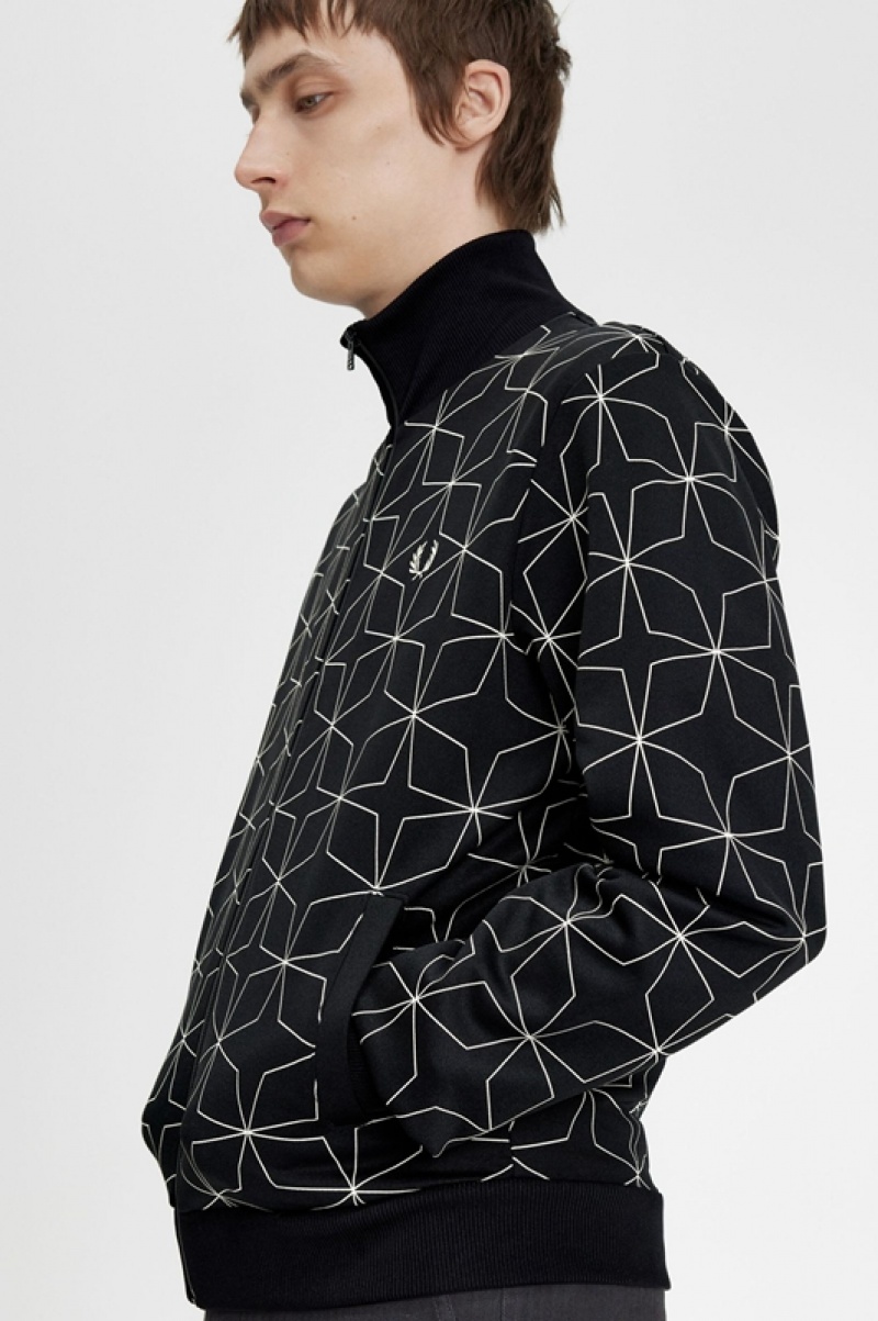 Fred Perry Geometric Print Track Men's Jackets Black | XLR-078596