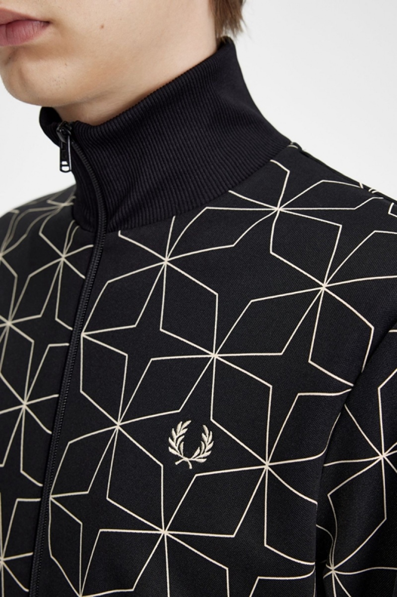 Fred Perry Geometric Print Track Men's Jackets Black | XLR-078596