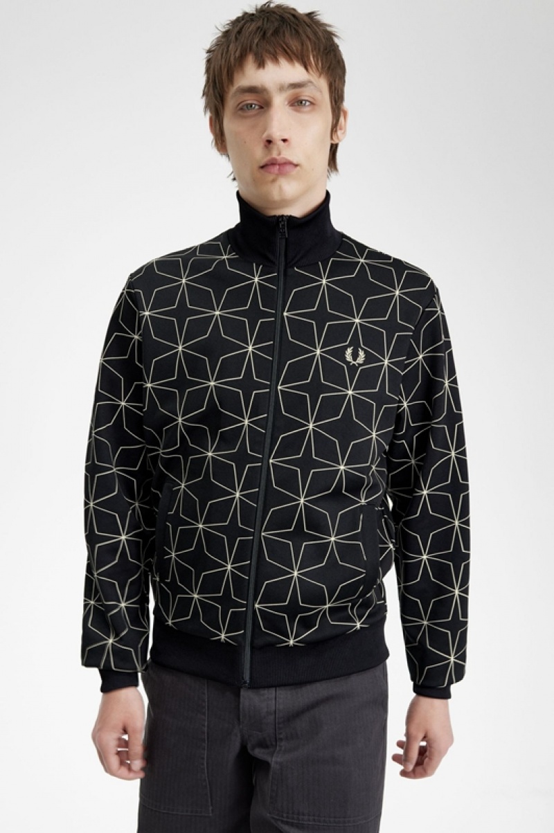 Fred Perry Geometric Print Track Men's Jackets Black | XLR-078596