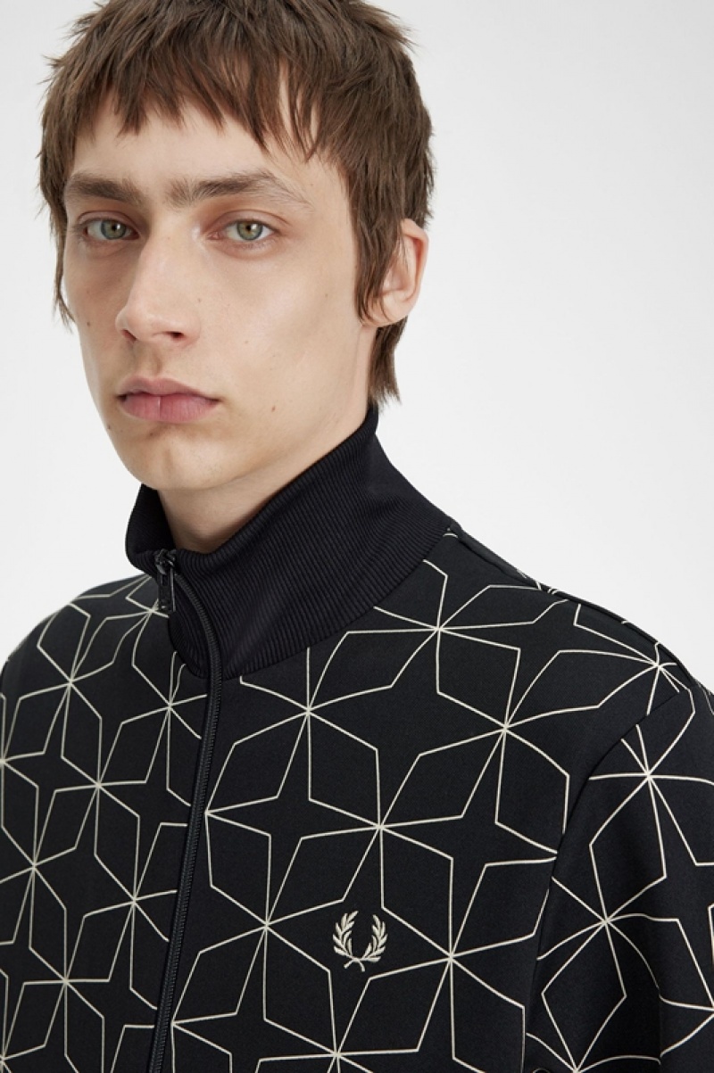 Fred Perry Geometric Print Track Men's Jackets Black | XLR-078596