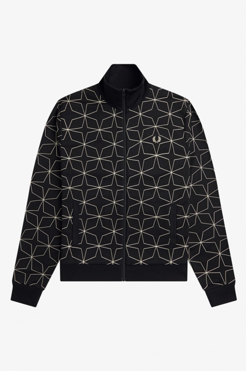 Fred Perry Geometric Print Track Men's Jackets Black | XLR-078596