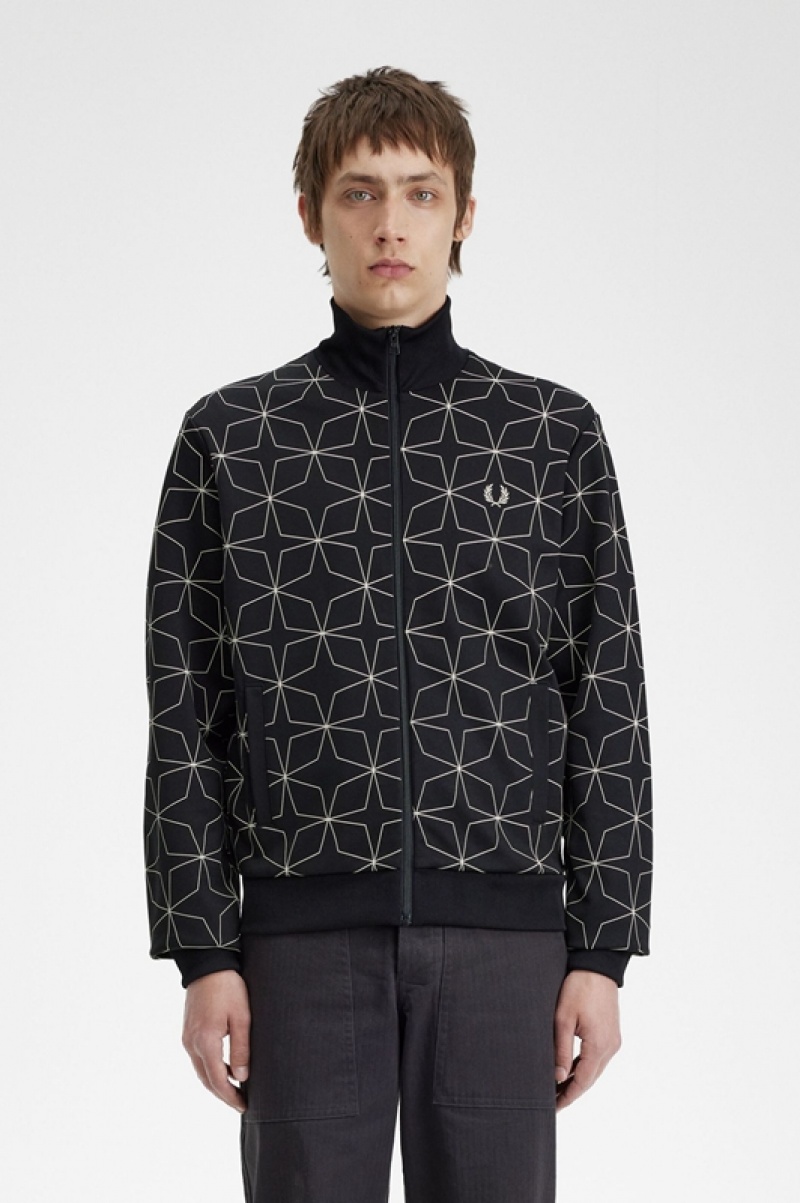 Fred Perry Geometric Print Track Men\'s Jackets Black | XLR-078596