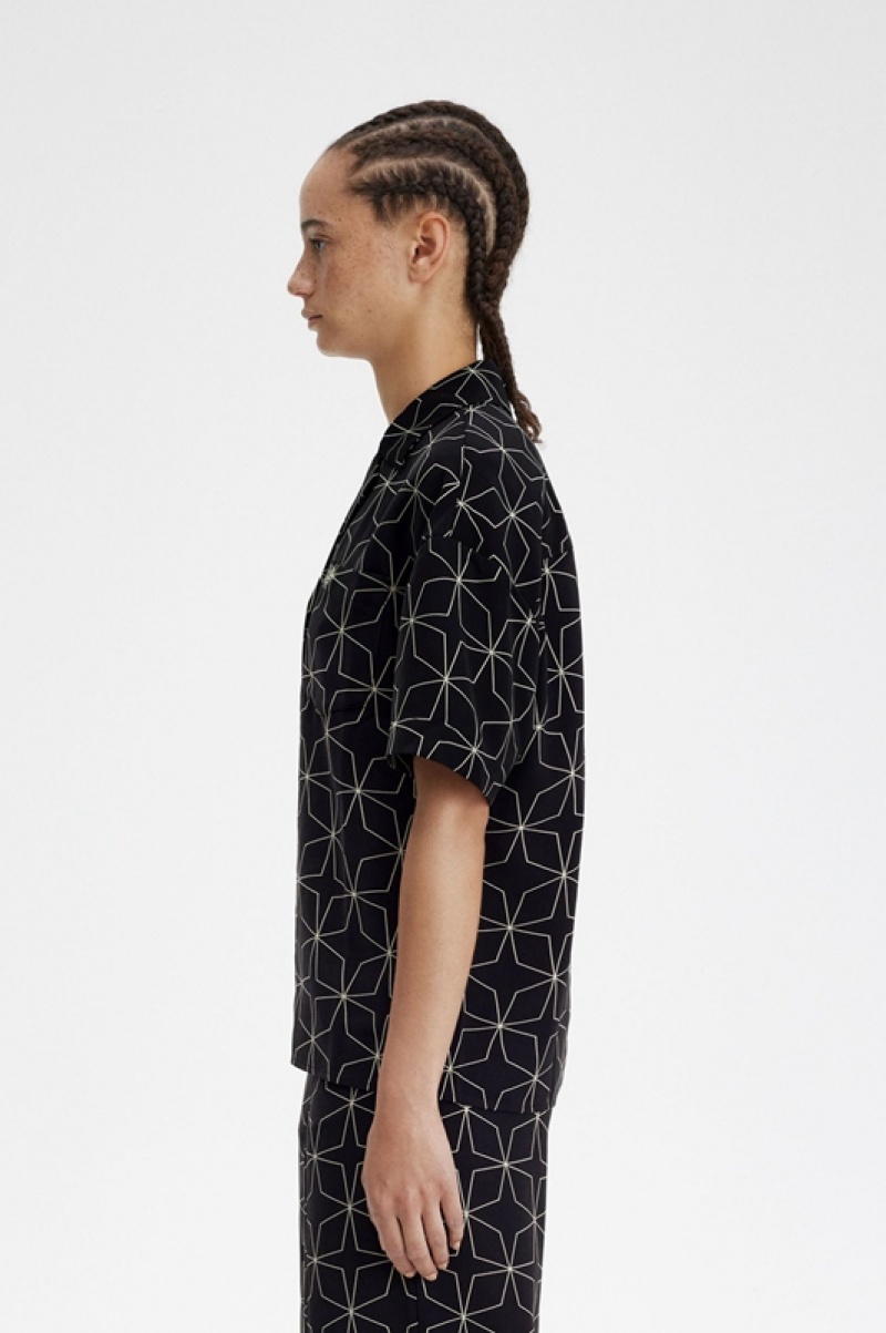 Fred Perry Geometric Print Women's Shirts Black | POH-819204