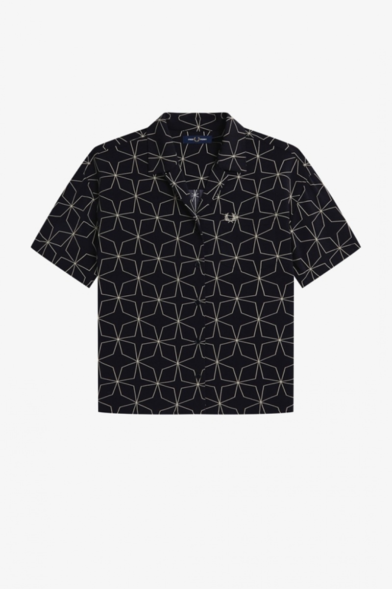 Fred Perry Geometric Print Women's Shirts Black | POH-819204