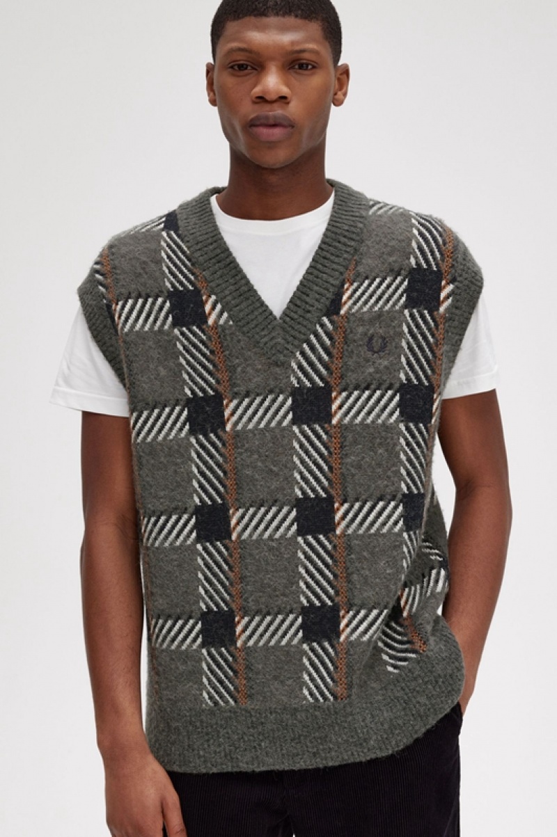 Fred Perry Glitch Tartan Knitted Men's Tanks Green | HIW-128094