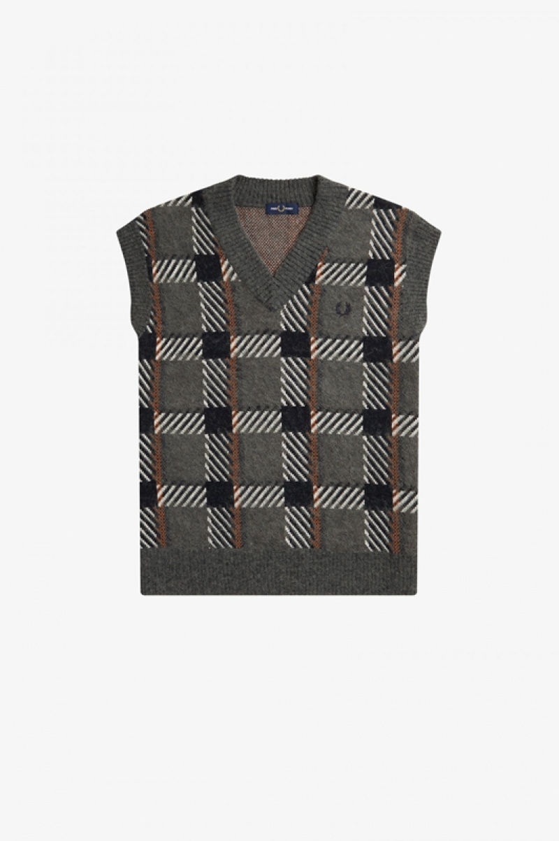 Fred Perry Glitch Tartan Knitted Men's Tanks Green | HIW-128094