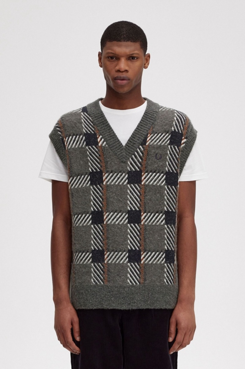 Fred Perry Glitch Tartan Knitted Men\'s Tanks Green | HIW-128094