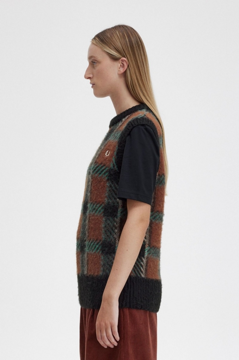 Fred Perry Glitch Tartan Knitted Women's Tanks Brown | MLS-348120