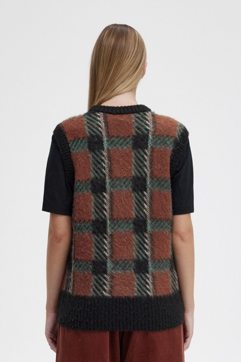 Fred Perry Glitch Tartan Knitted Women's Tanks Brown | MLS-348120