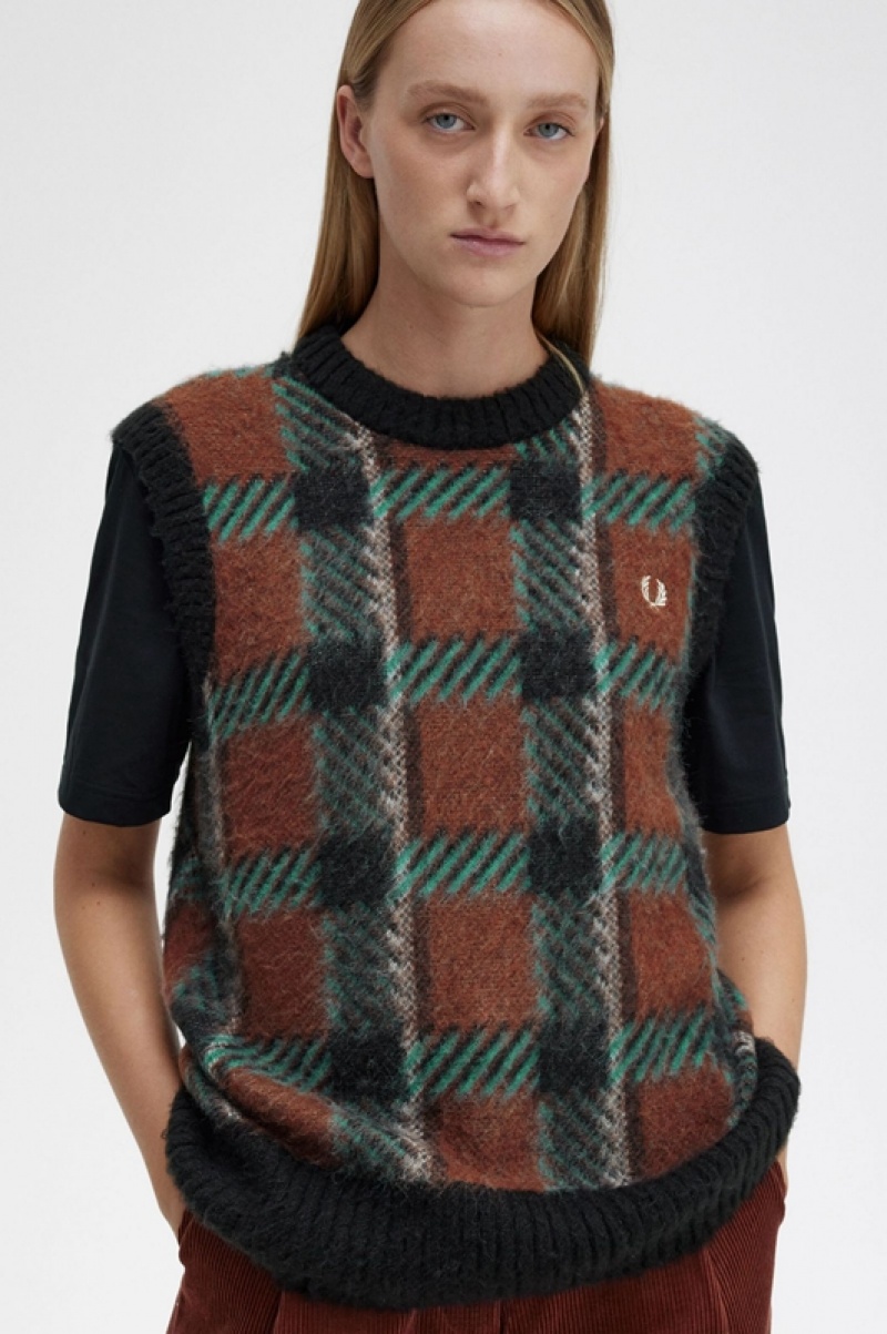 Fred Perry Glitch Tartan Knitted Women's Tanks Brown | MLS-348120