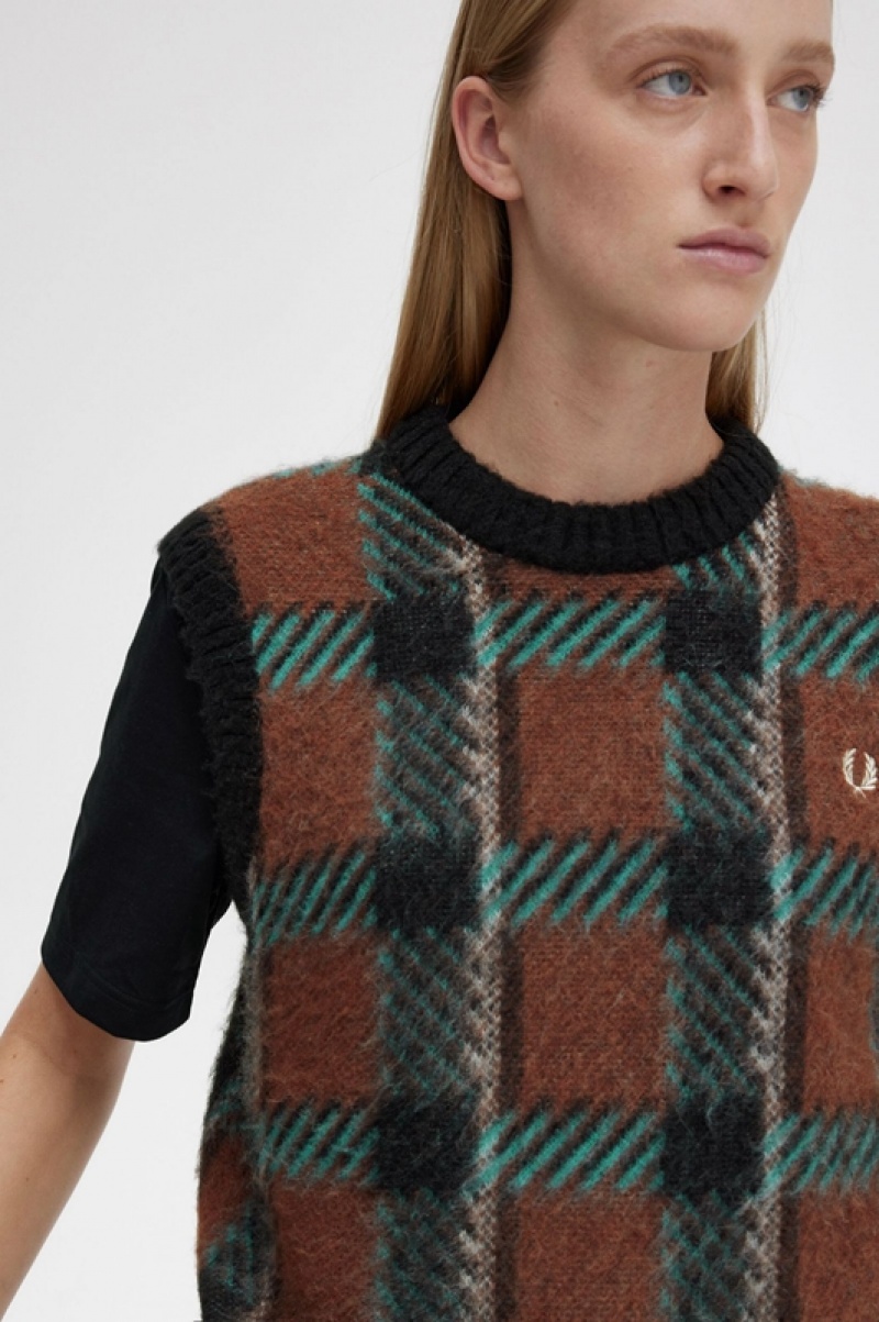 Fred Perry Glitch Tartan Knitted Women's Tanks Brown | MLS-348120